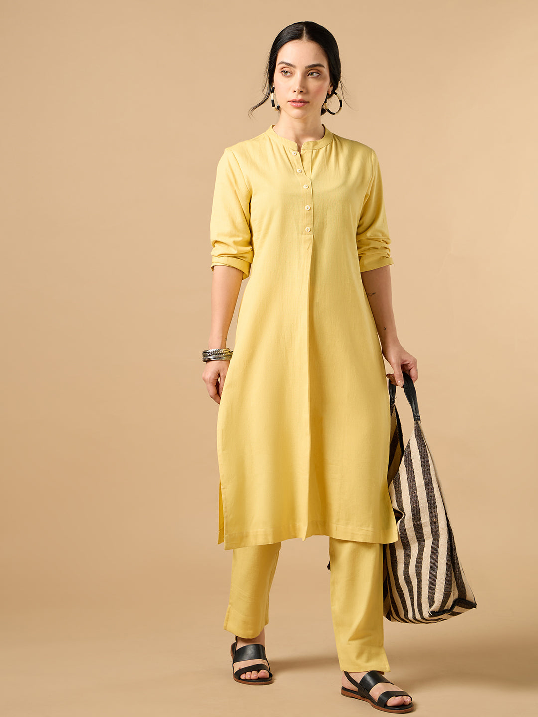 Classic Linen Yellow Straight Long Kurta