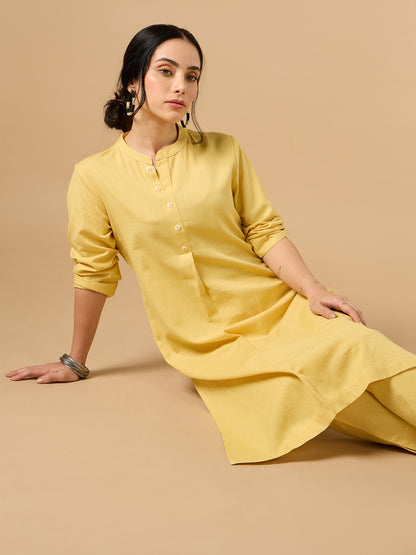 Classic Linen Yellow Straight Long Kurta