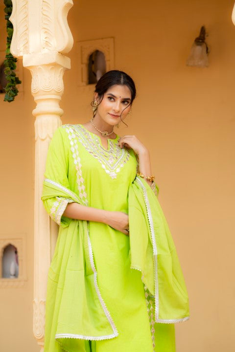 Adaah Parrot Green Cotton Festive Suit