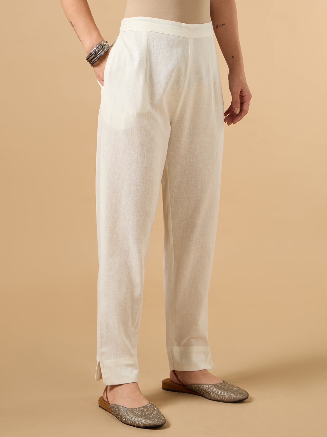 White Cotton Straight Pant