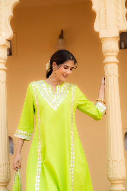 Adaah Parrot Green Cotton Festive Suit