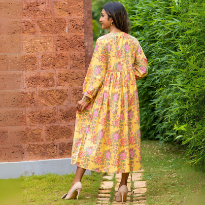 Yellow Floral Block Printed Cotton Dress