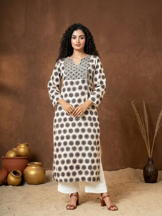 Cream Embroidered Rangoli Print Cotton Kurta