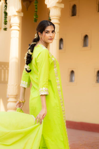 Adaah Parrot Green Cotton Festive Suit