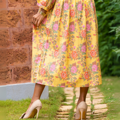 Yellow Floral Block Printed Cotton Dress