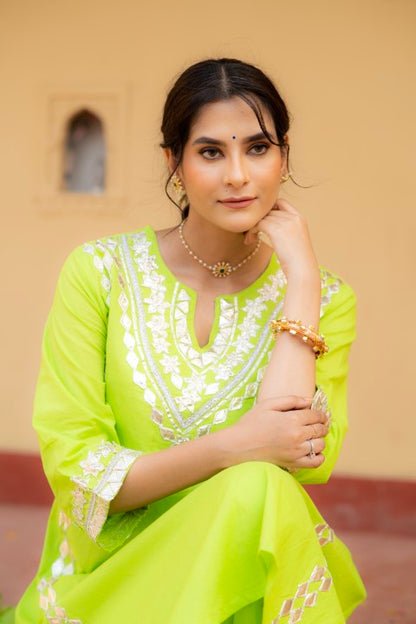 Adaah Parrot Green Cotton Festive Suit