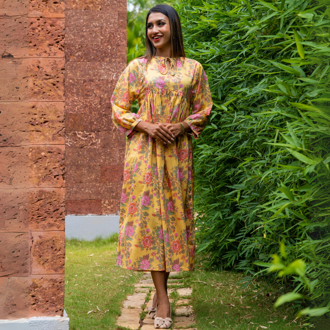 Yellow Floral Block Printed Cotton Dress