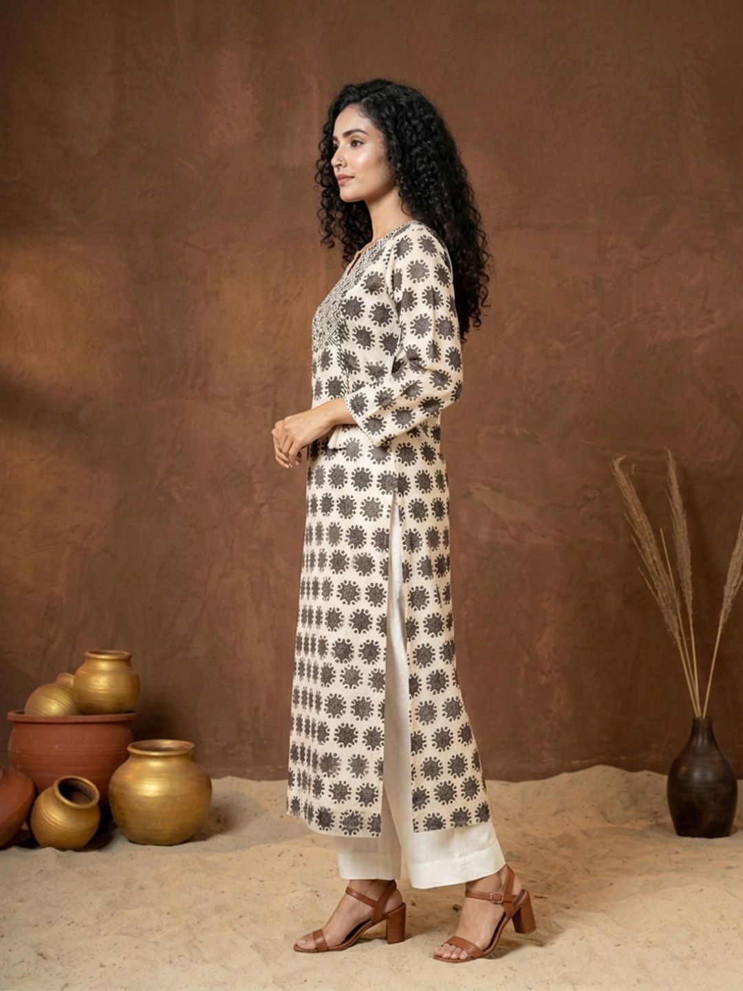 Cream Embroidered Rangoli Print Cotton Kurta
