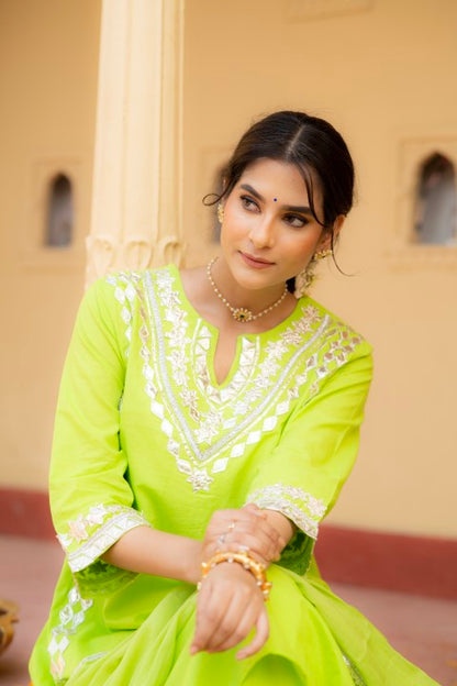 Adaah Parrot Green Cotton Festive Suit