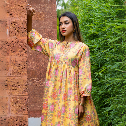 Yellow Floral Block Printed Cotton Dress