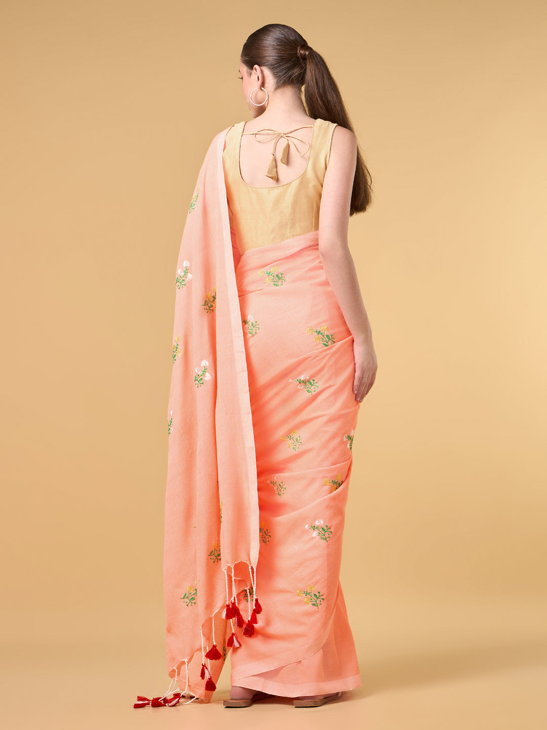 Pastel Orange Floral Embroidered Cotton Saree