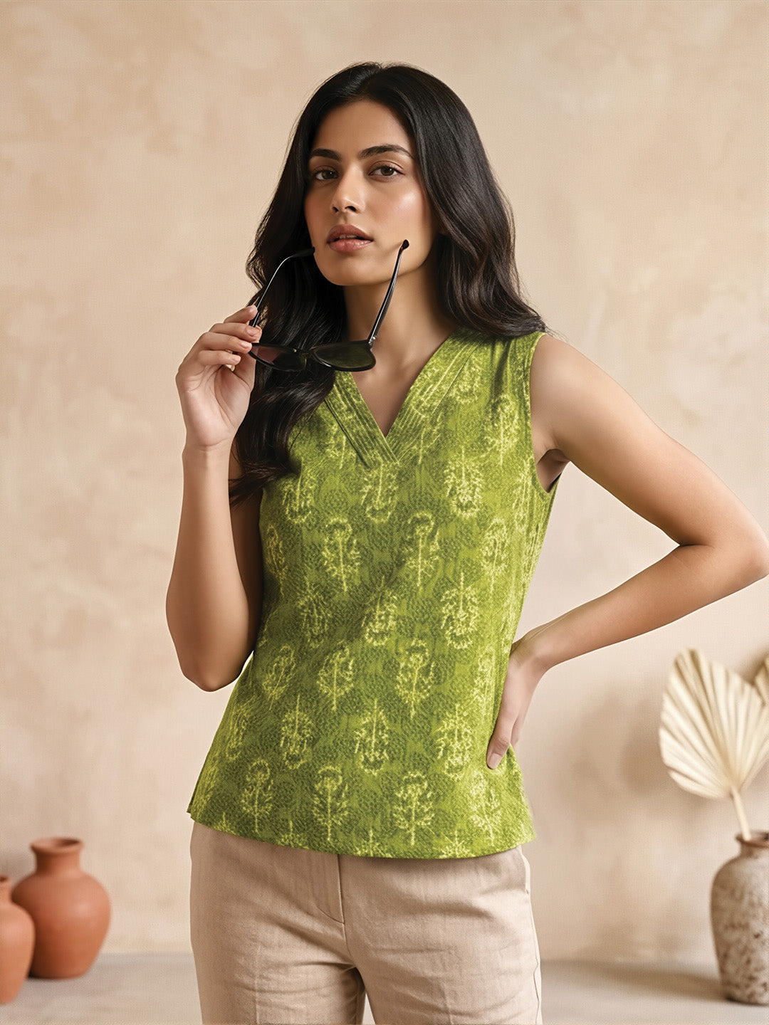 Parrot Green Block Print Short Kurta