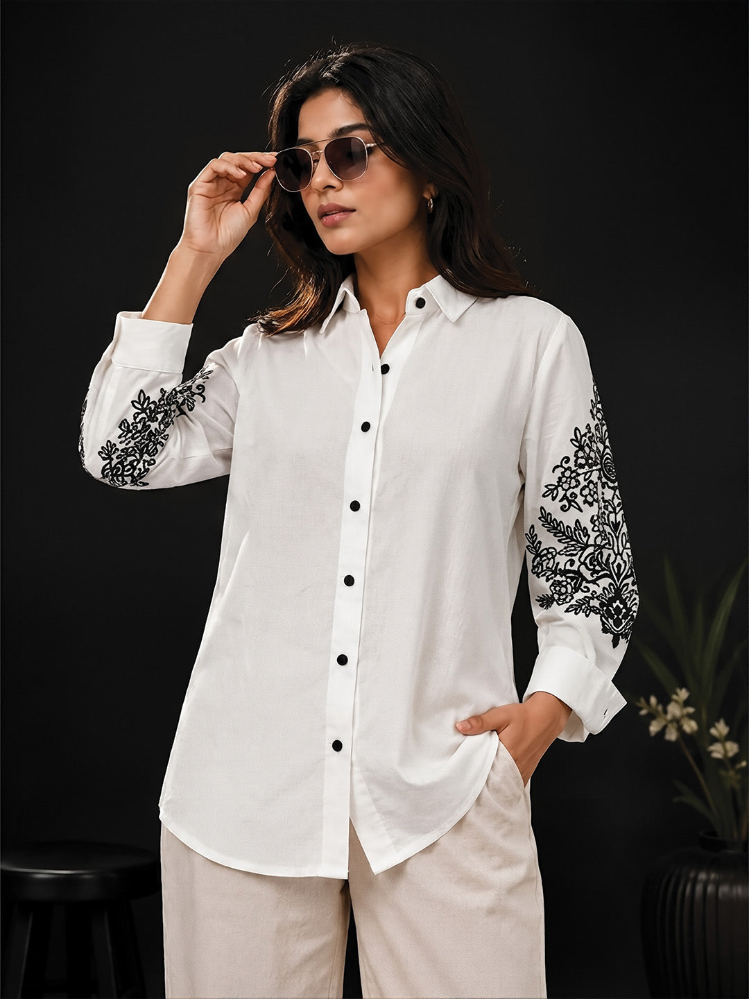 White Floral Embroidered Shirt