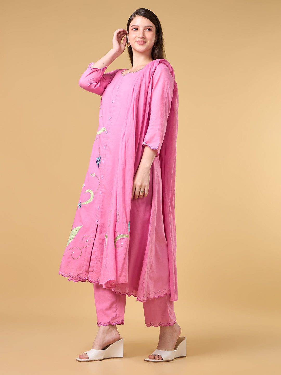 Pink Embroidered Cotton Suit