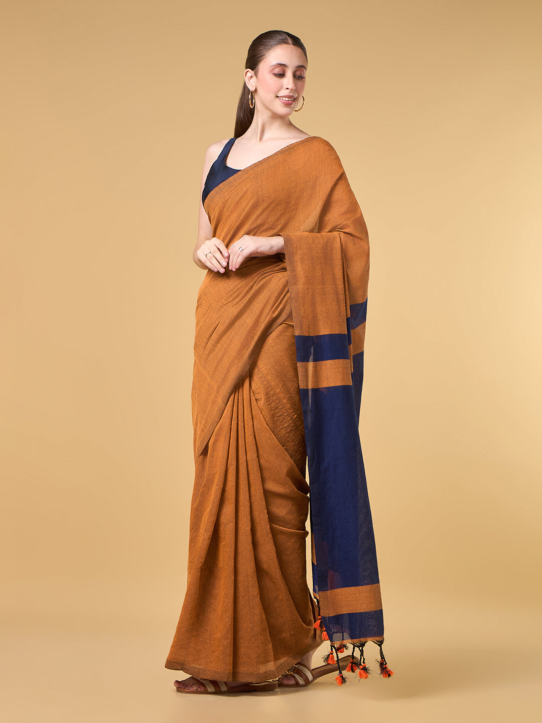 Dark Orange Blue Contrast Cotton Saree