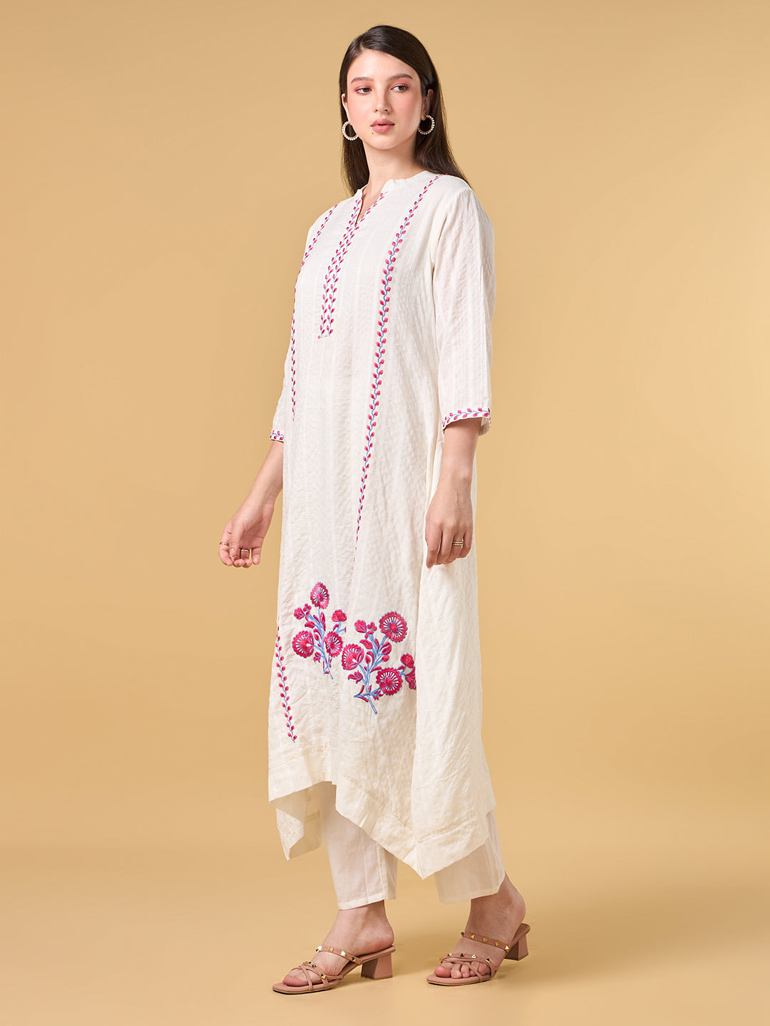 Off White Floral Embroidered Cotton Kurta Set