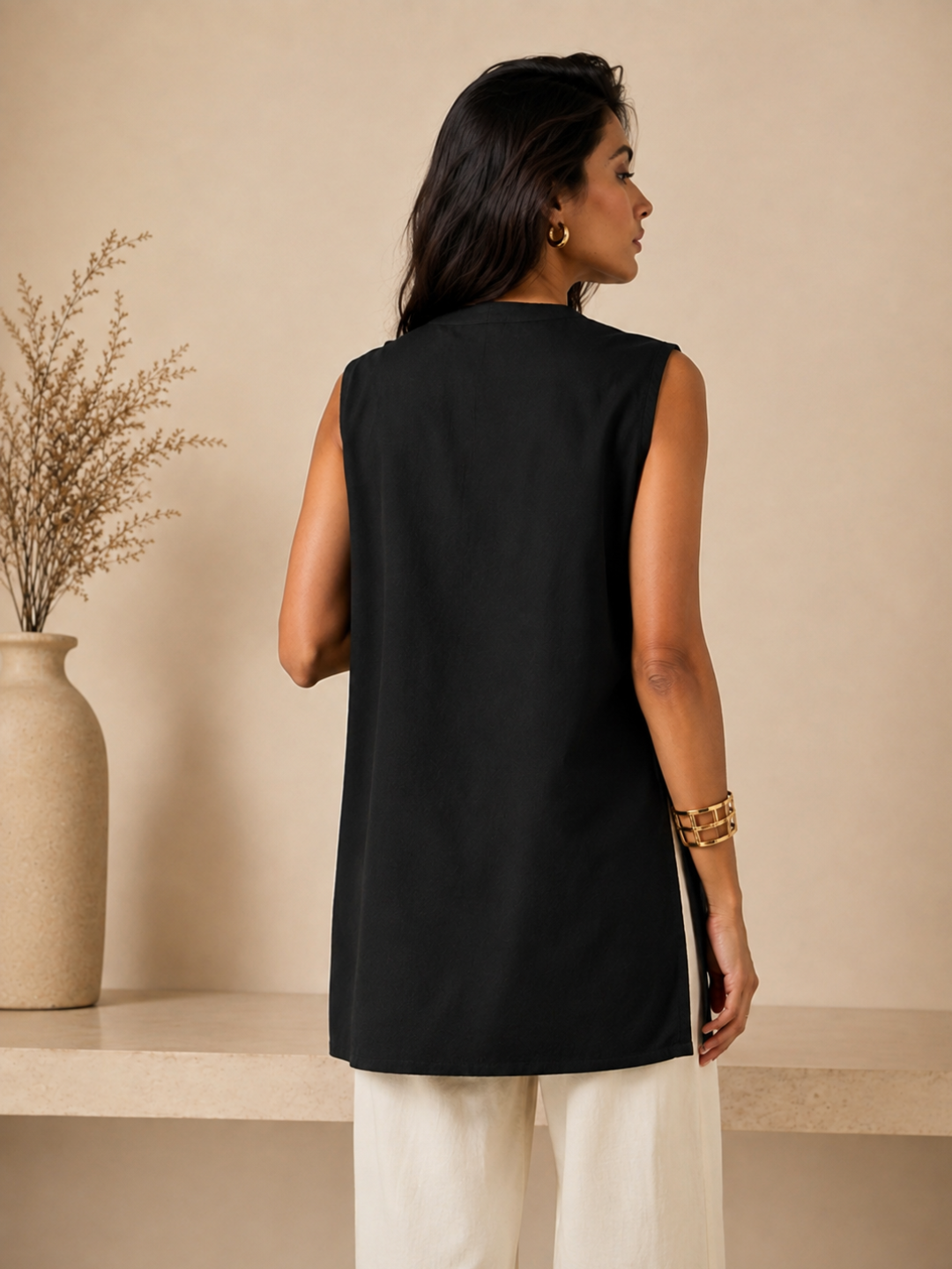 Linen Black Solid Short kurta