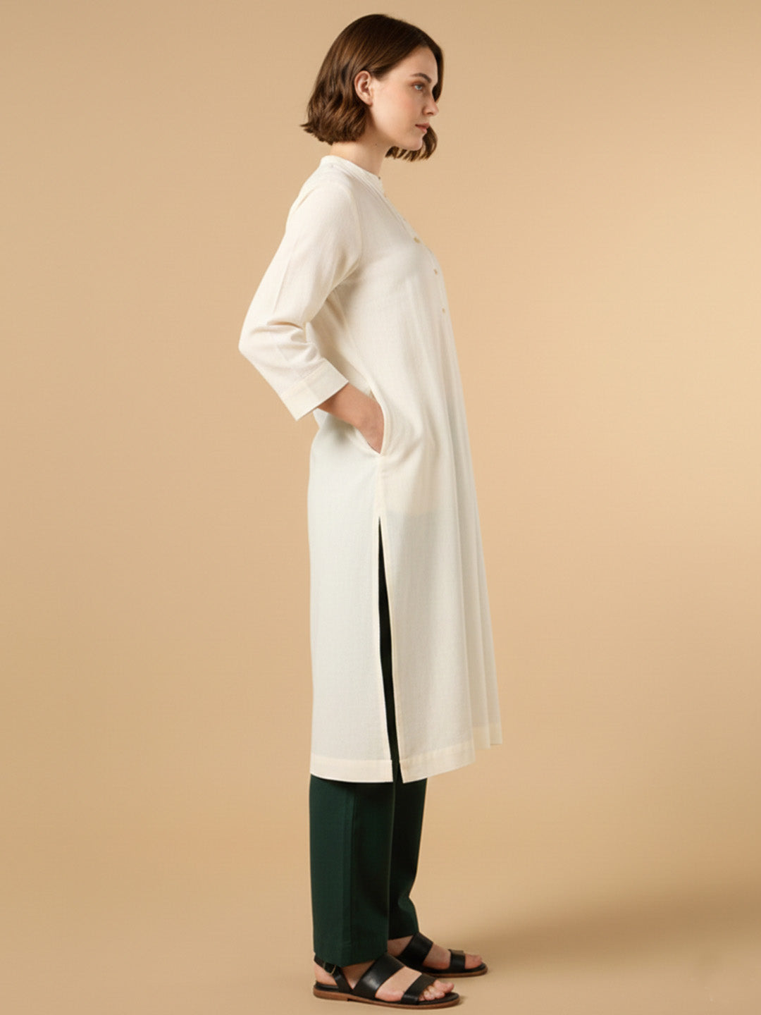 Classic Linen Off White Straight Long Kurta