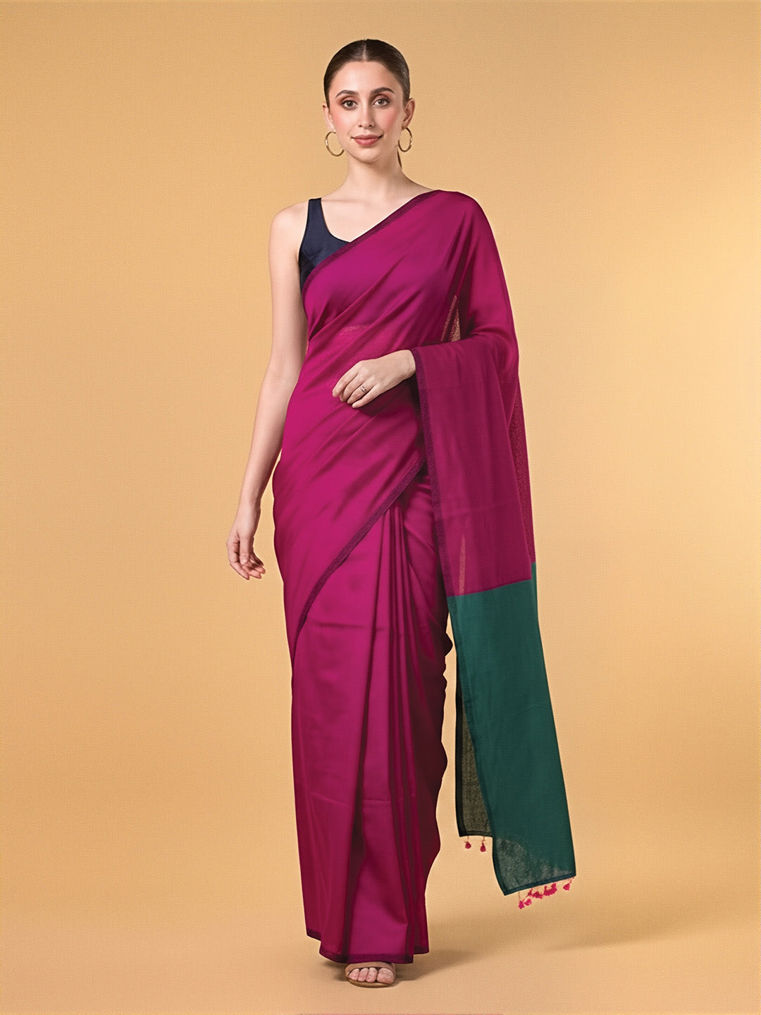 Pink Teal Green Contrast Cotton Saree