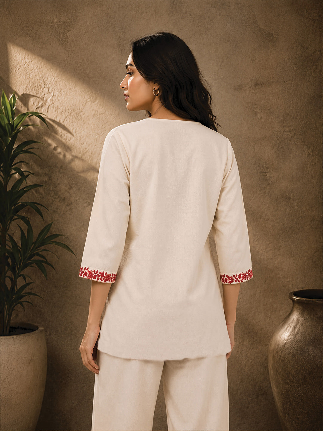 White & Red Floral Embroidered Short Kurta