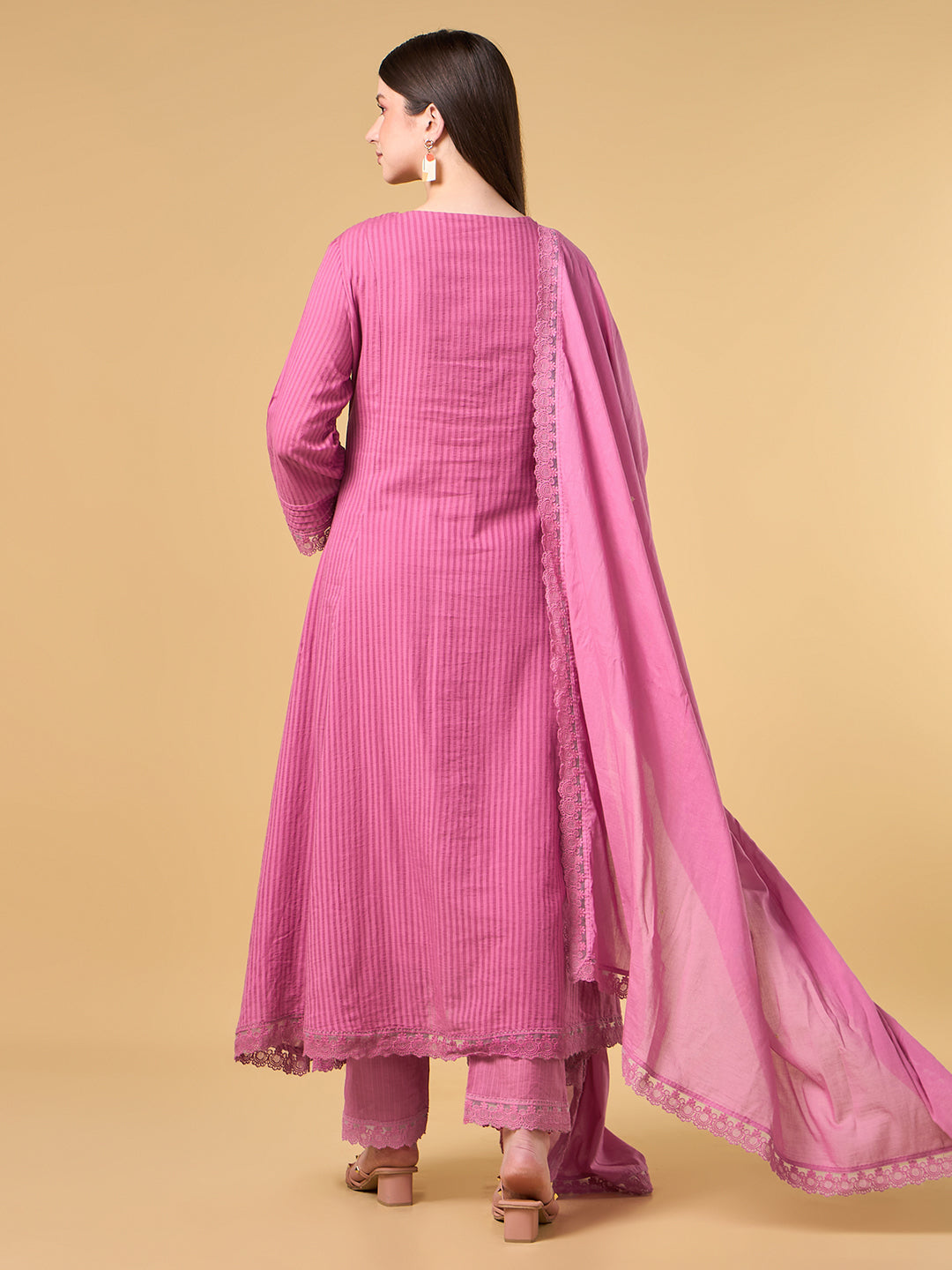 Pink Stripe Embroidered Cotton Suit
