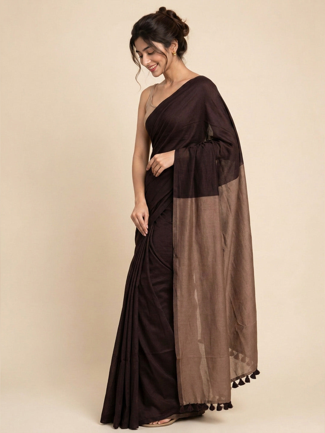 Dark Brown Contrast Cotton Saree