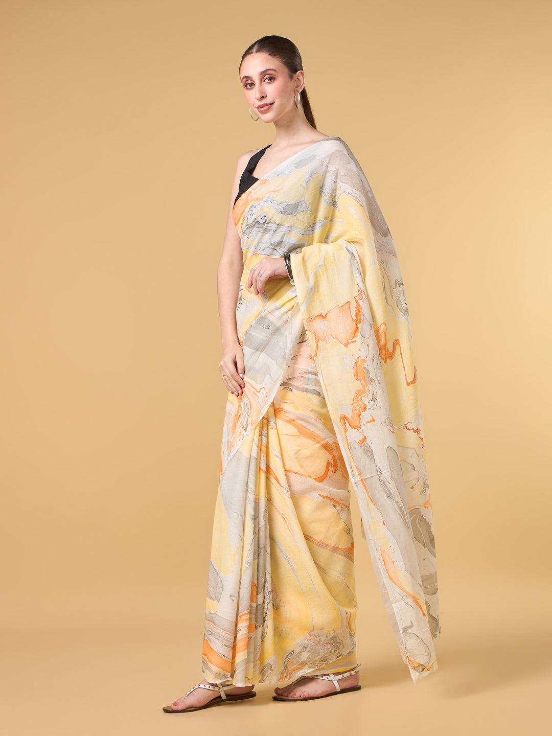 Yellow Abstract Hand Marble Printed Cotton Saree