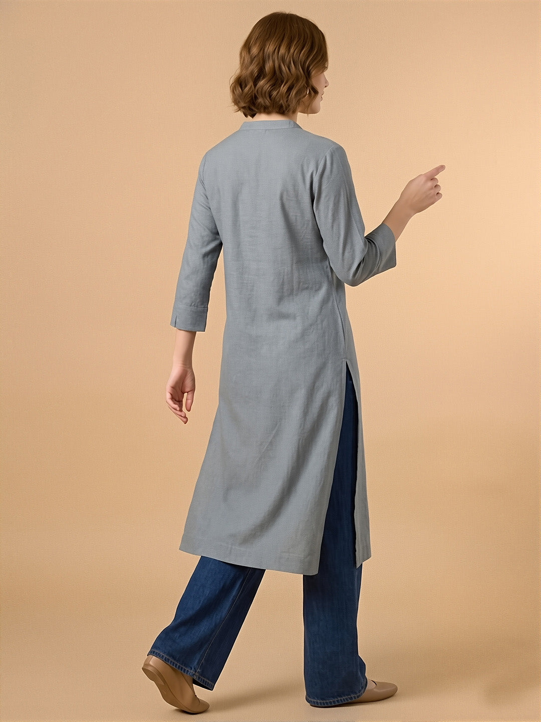 Classic Linen Grey Straight Long Kurta