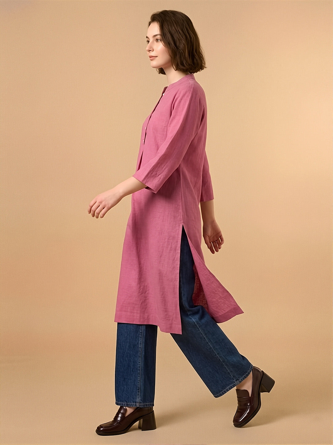 Classic Linen Watermelon pink Straight Long Kurta