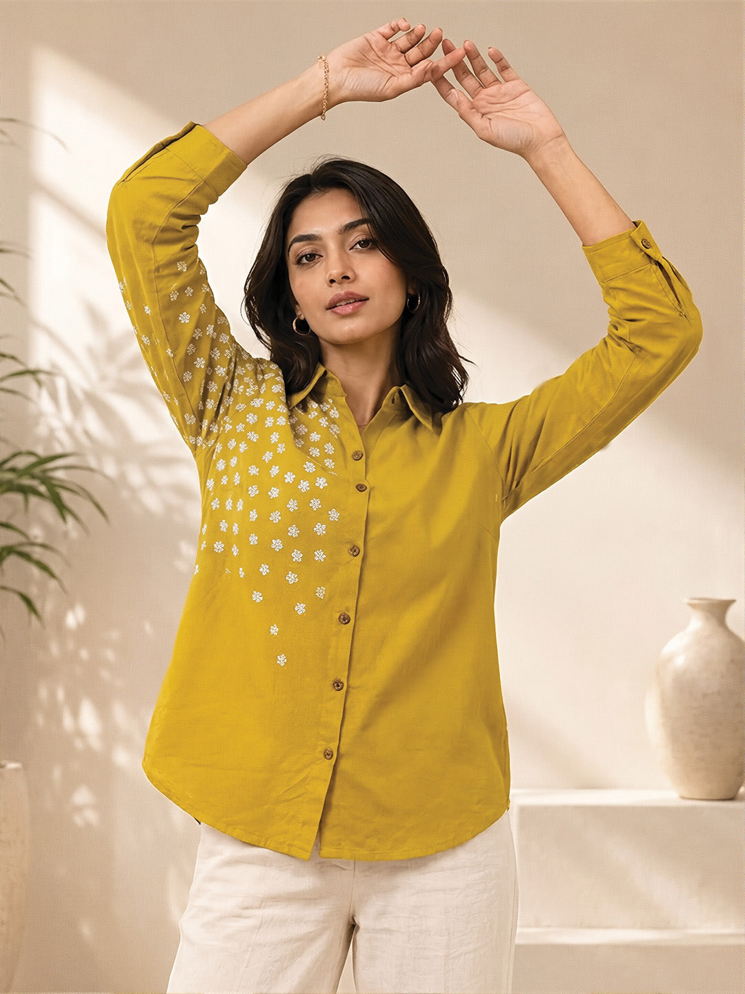 Yellow Flower Embroidered Shirt