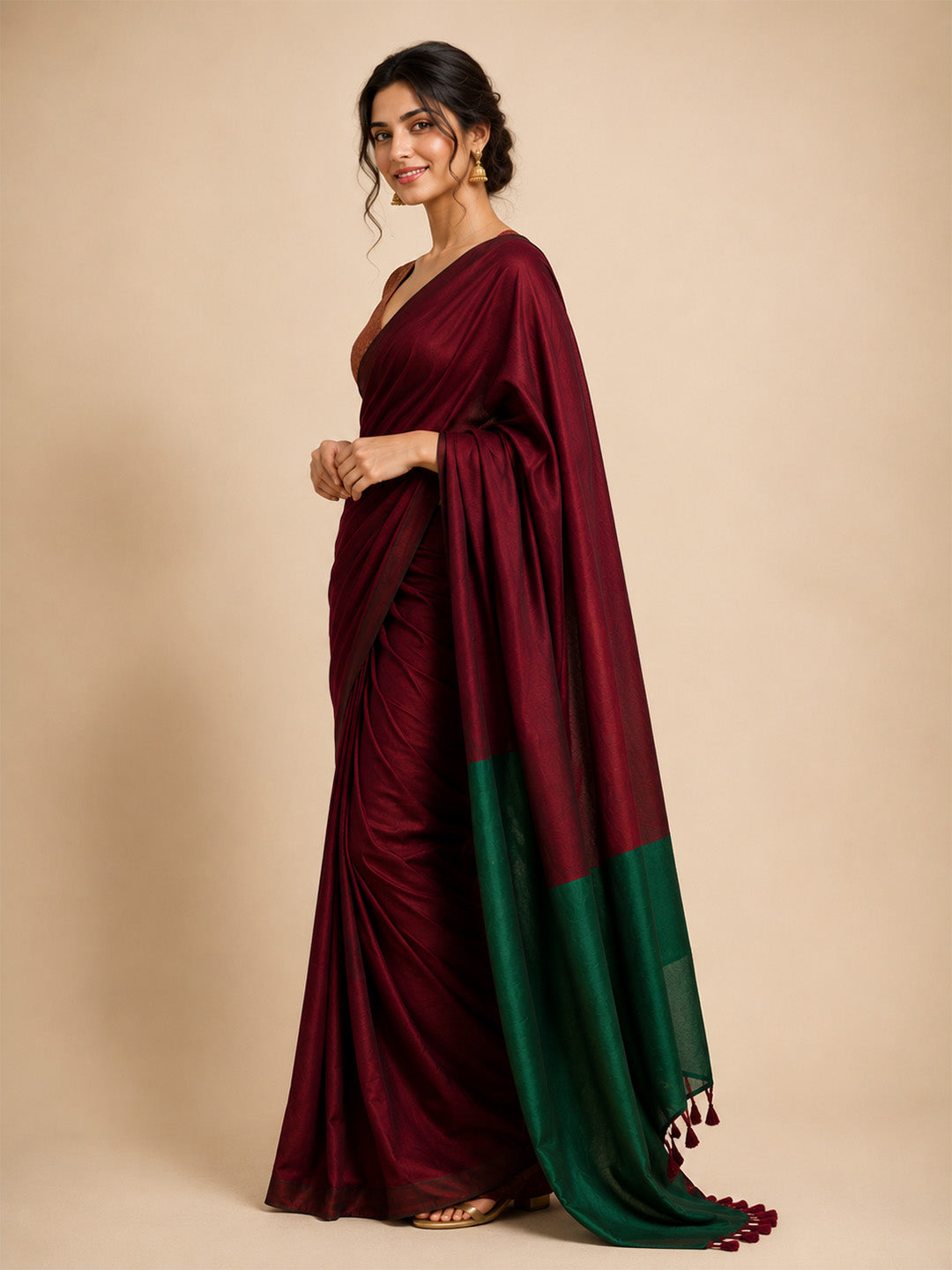 Maroon Green Contrast Cotton Saree