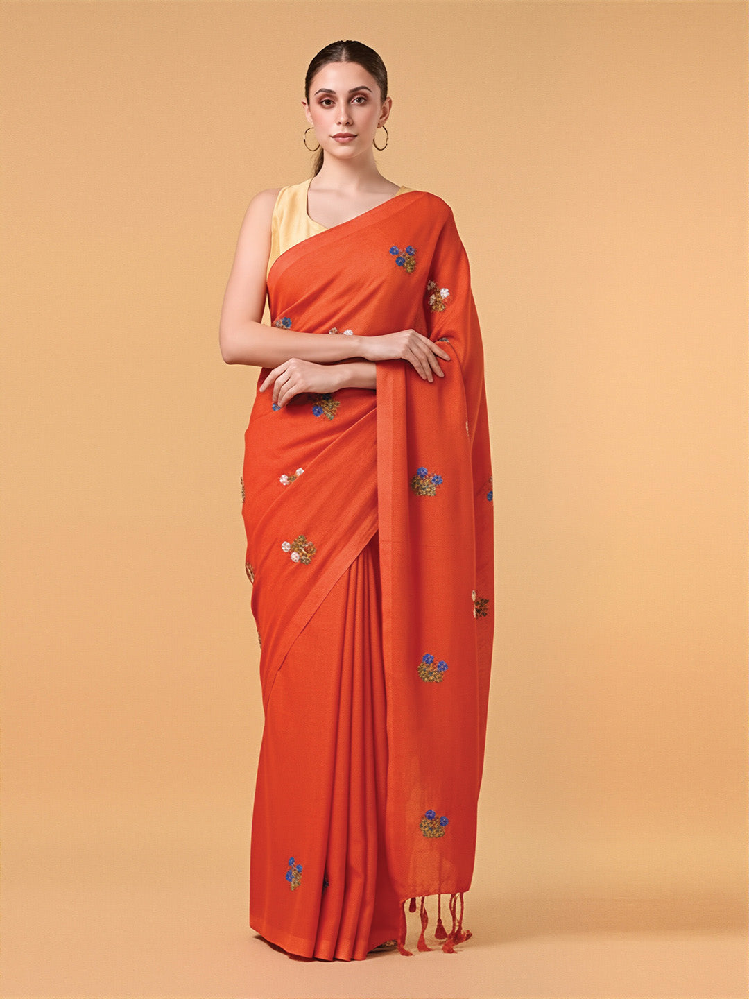 Saffron Floral Embroidered Cotton Saree