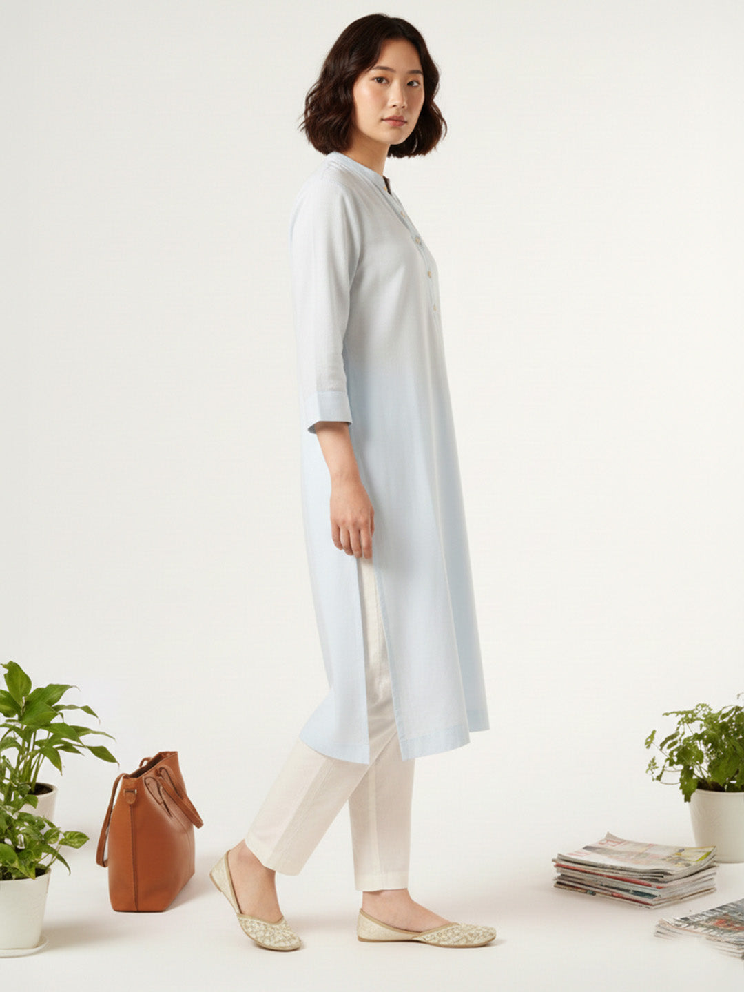 Classic Linen Sky Blue Straight Long Kurta