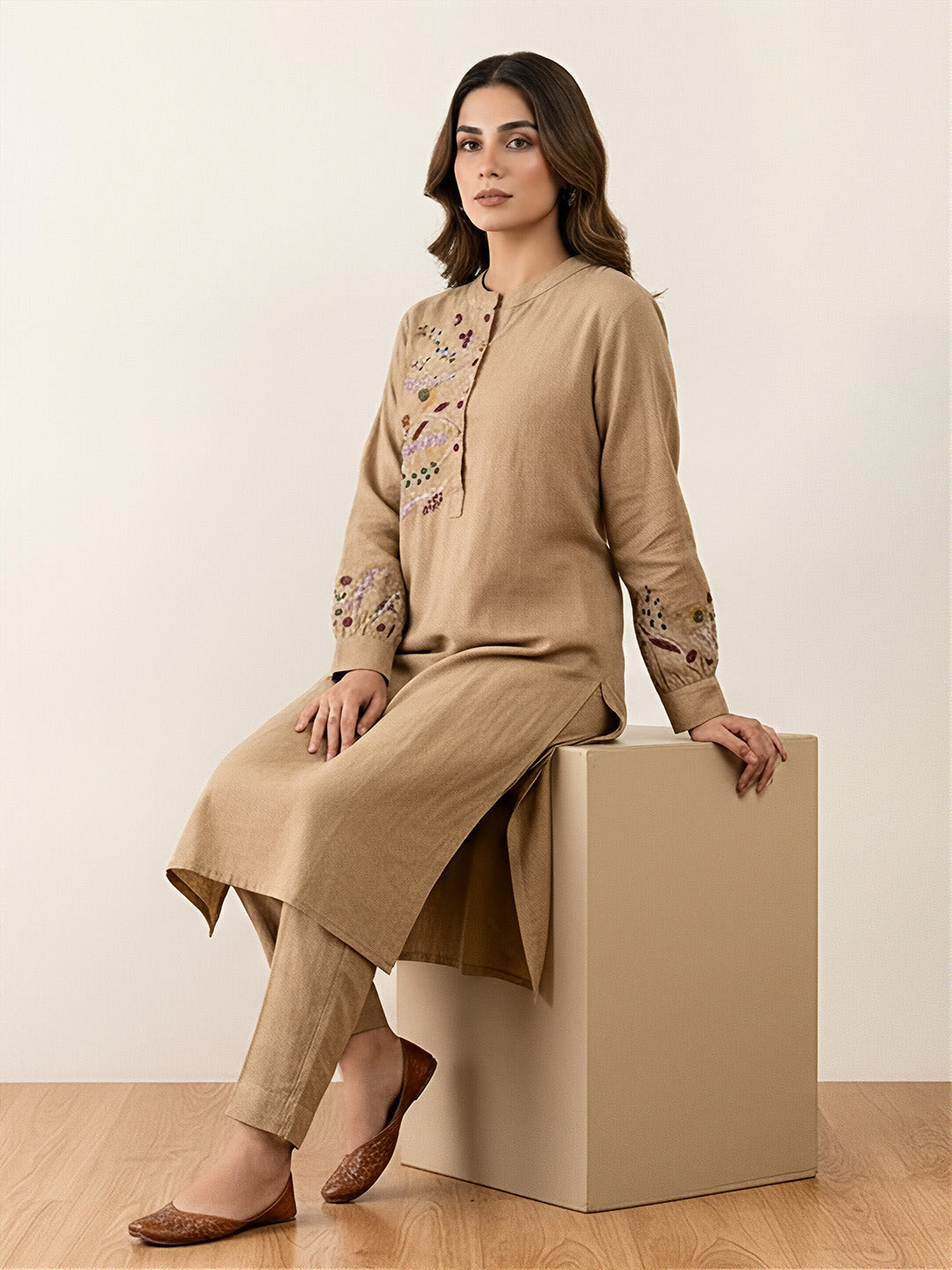 Light Brown Embroidered Work linen Coord Set