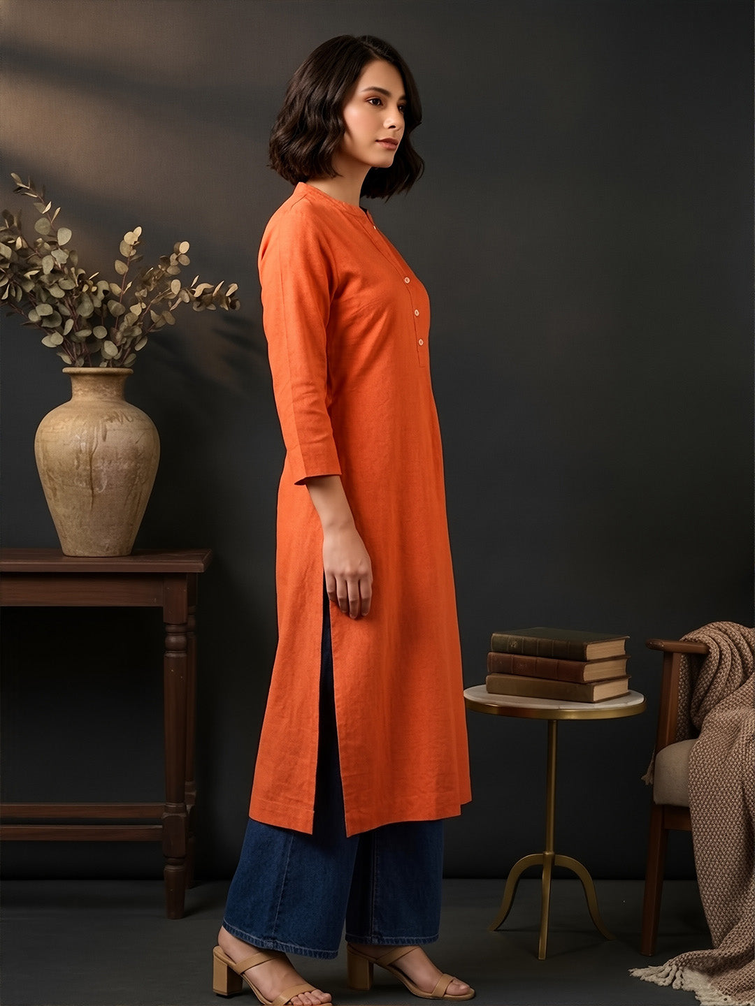Classic Linen Saffron Orange Straight Long Kurta