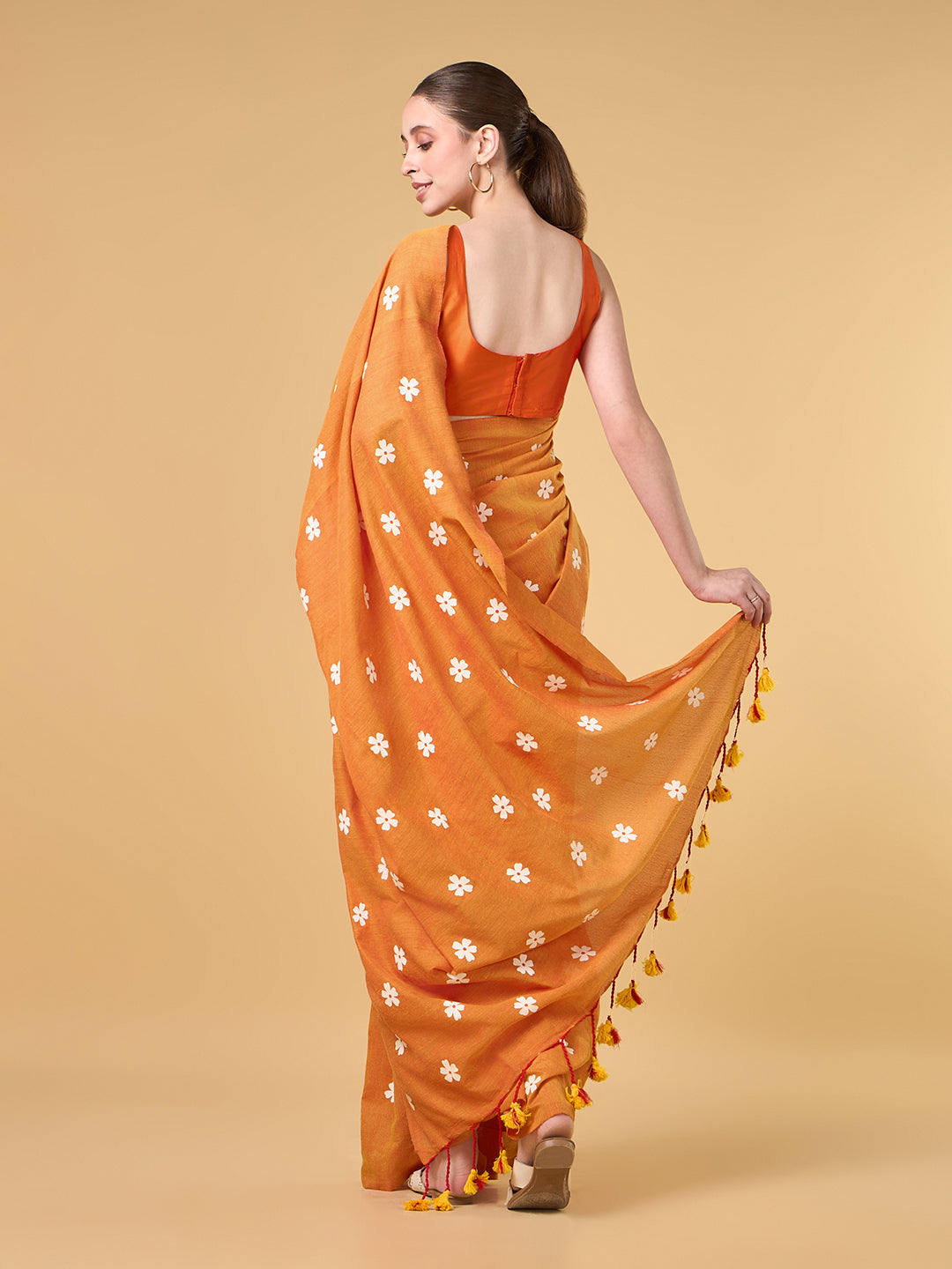 Saffron Parijat Handpainted Cotton Saree