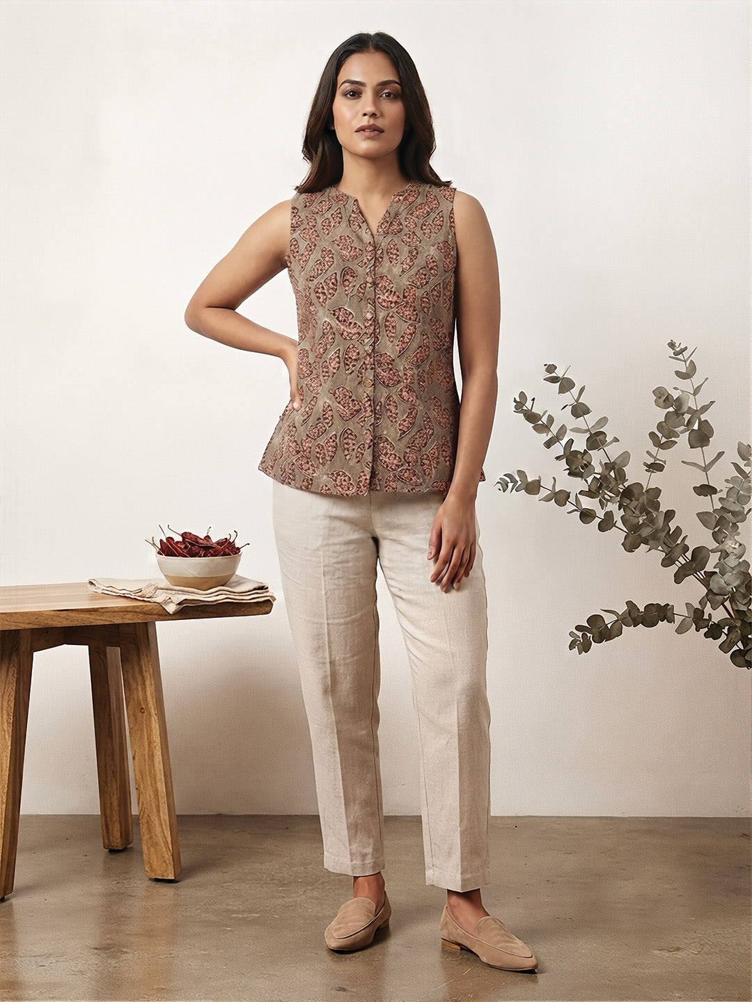 Grey Leaf Print short kurta