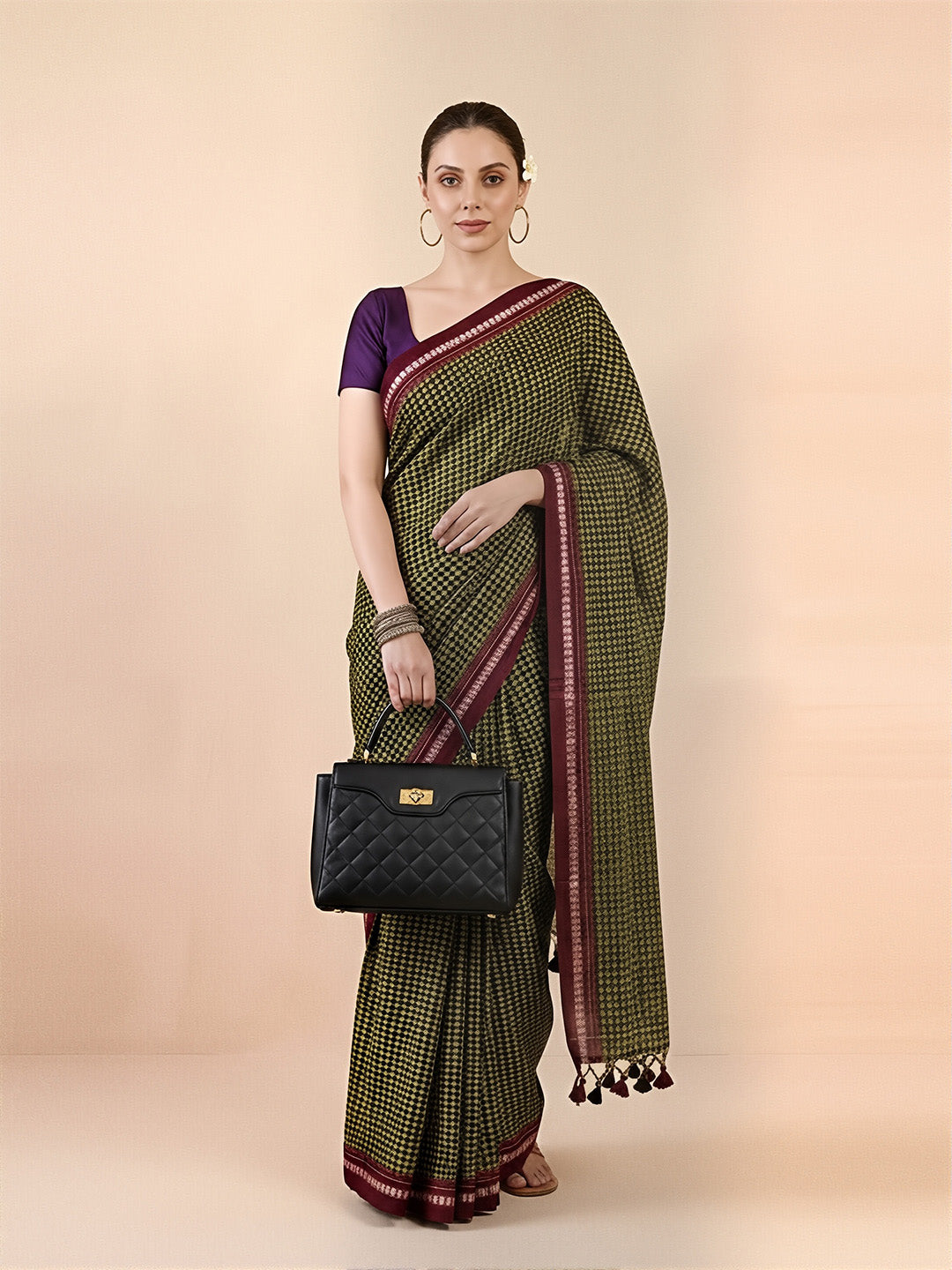 Heera Green Flower Cotton Khun Saree