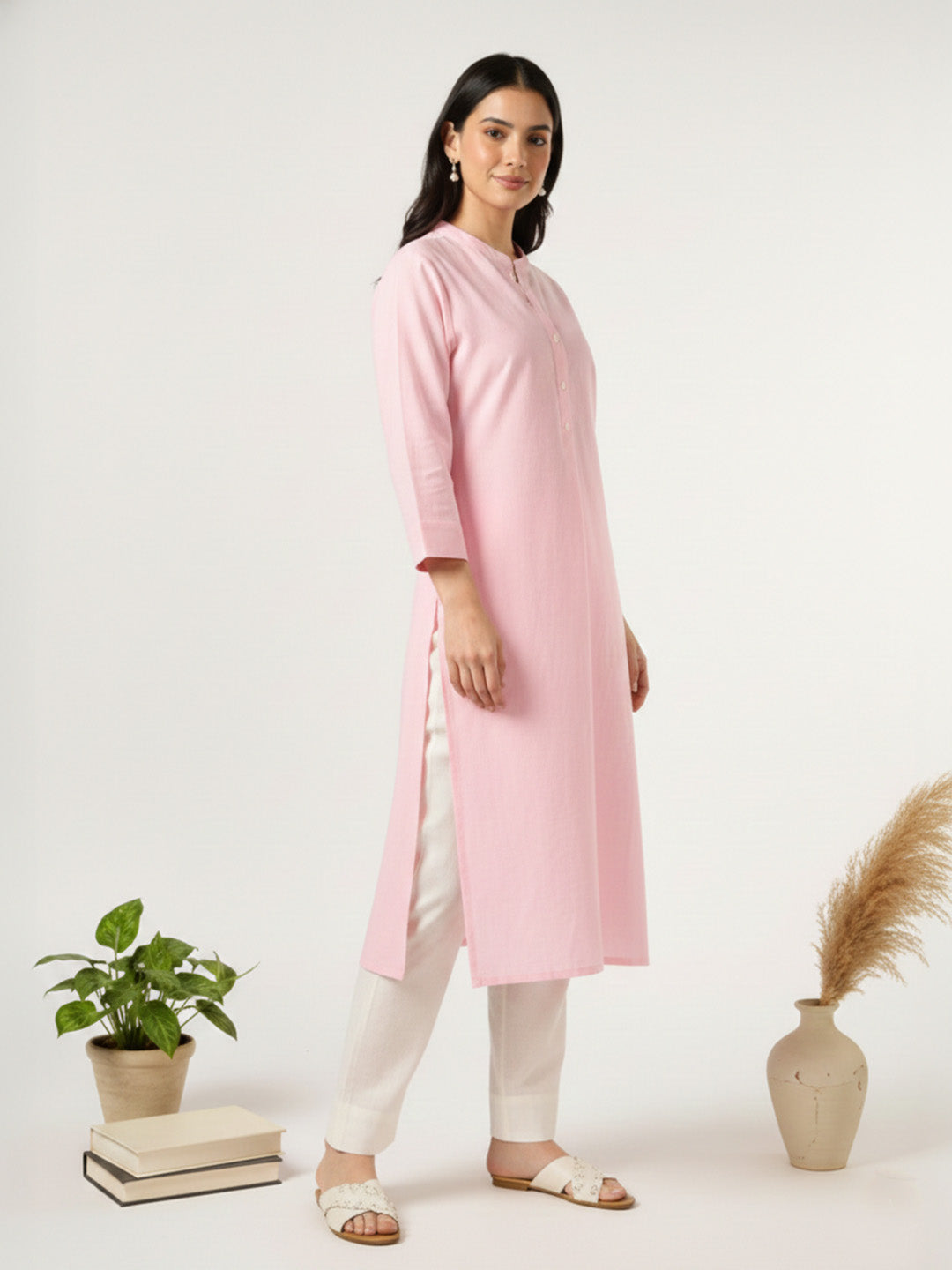 Classic Linen Baby Pink Straight Long Kurta