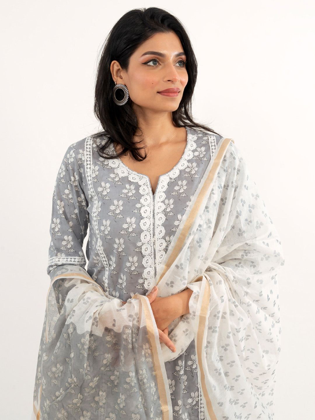 Floral Grey with Lace Work Striped Pant Cotton Suit