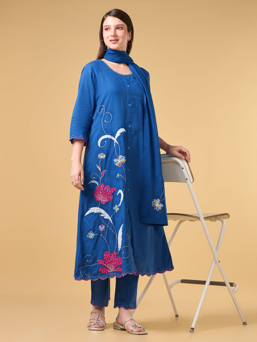 Royal Blue Embroidered Cotton Suit