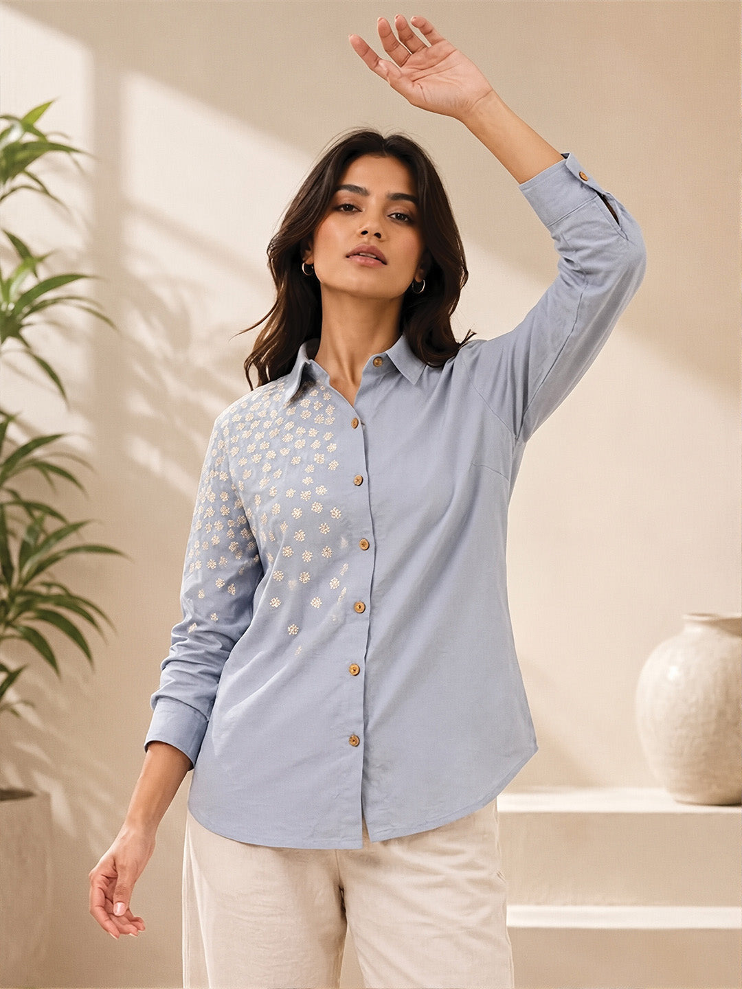Sky Blue Flower Embroidered Shirt