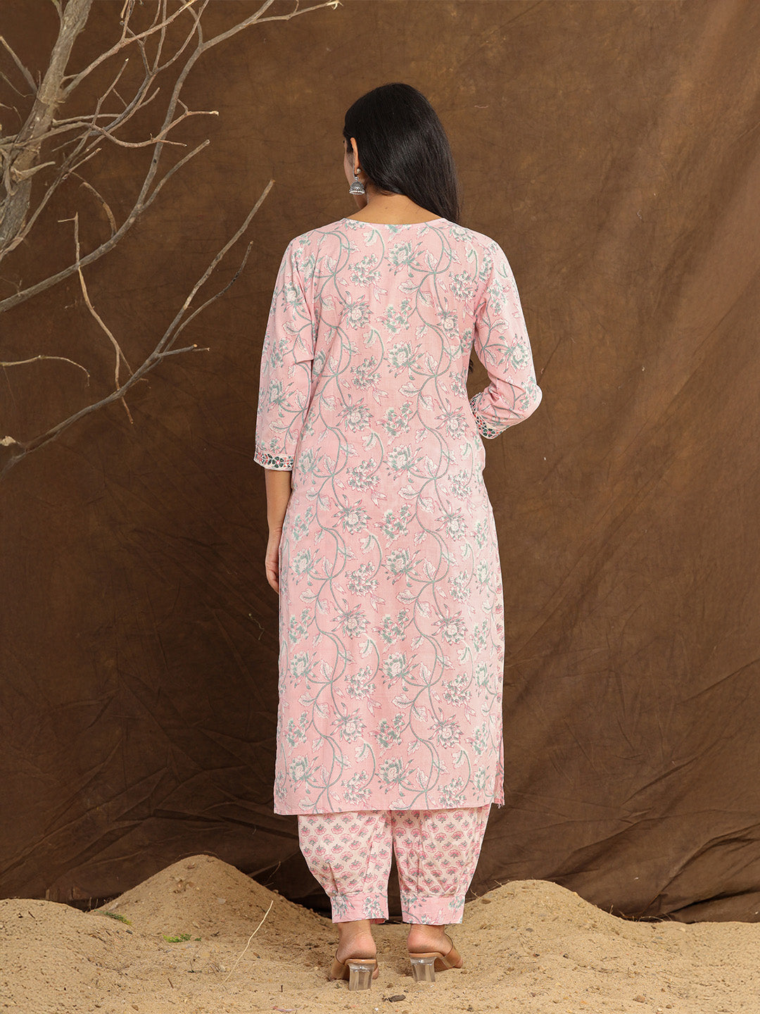 Baby Pink Lotus Printed Afghani Cotton Suit