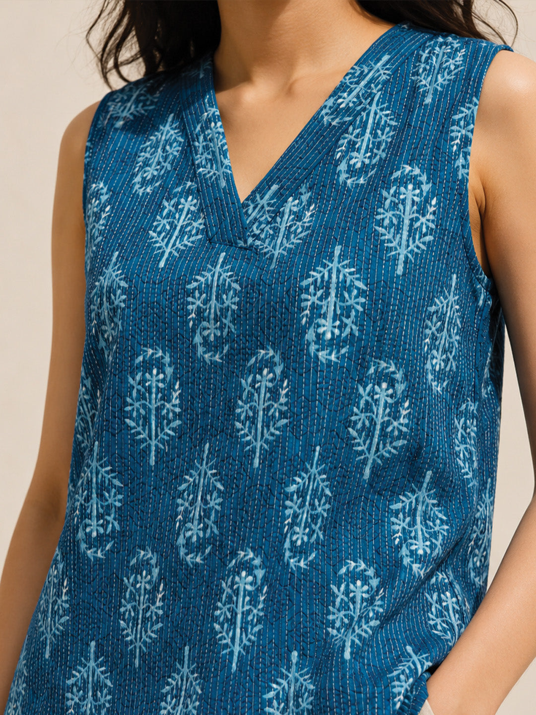 French Blue Floral Print Short Kurta