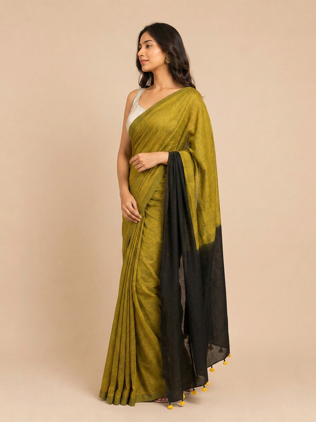 Olive Green Pink Contrast Cotton Saree