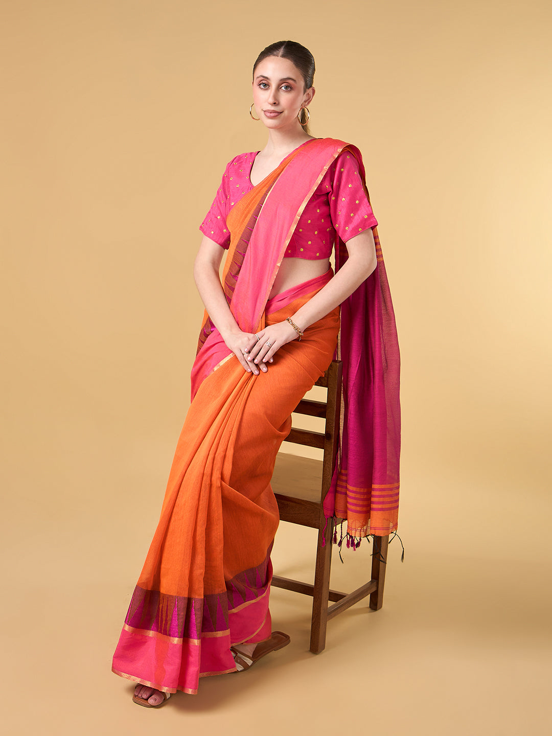 Saffron Temple Border Cotton Saree