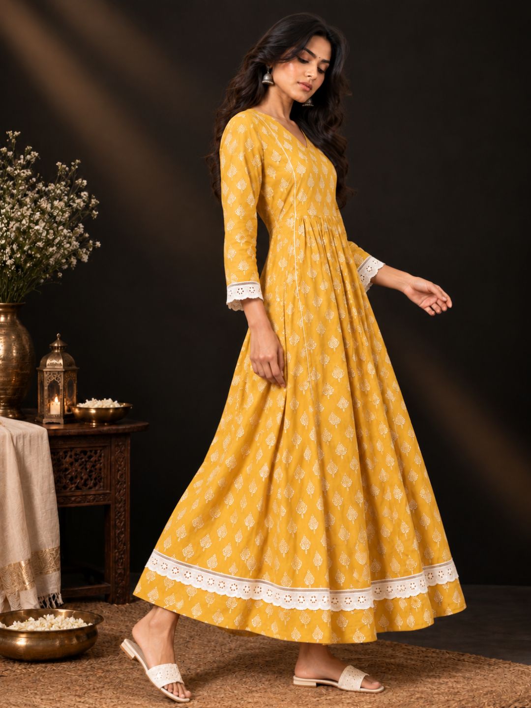 Mustard Lace Work Cotton kurta