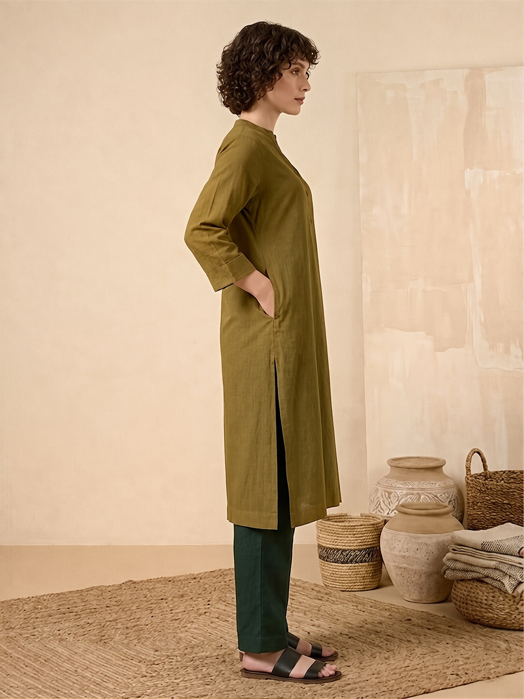 Classic Linen Olive Green Long Kurta