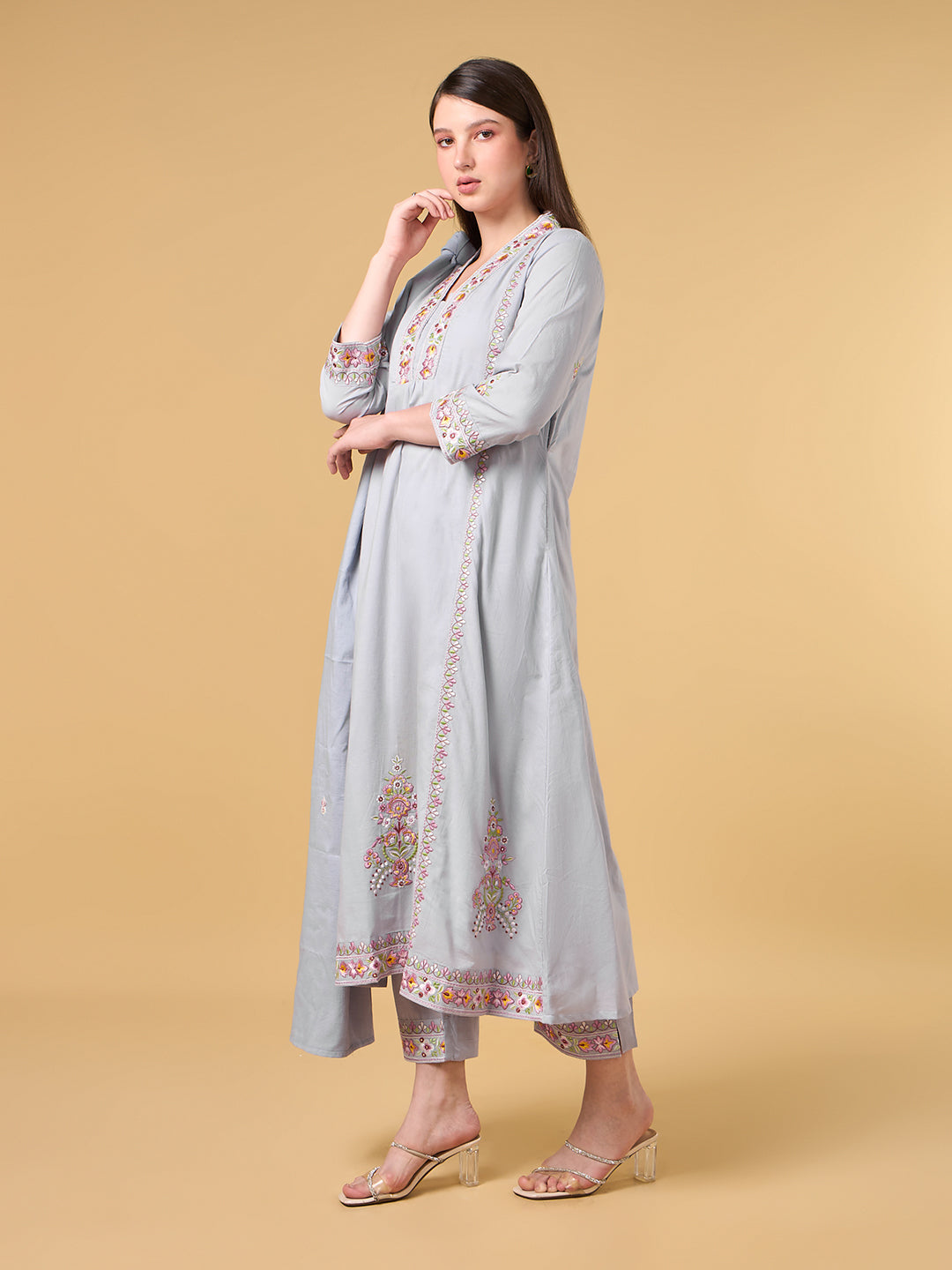 Grey Embroidered Cotton Suit