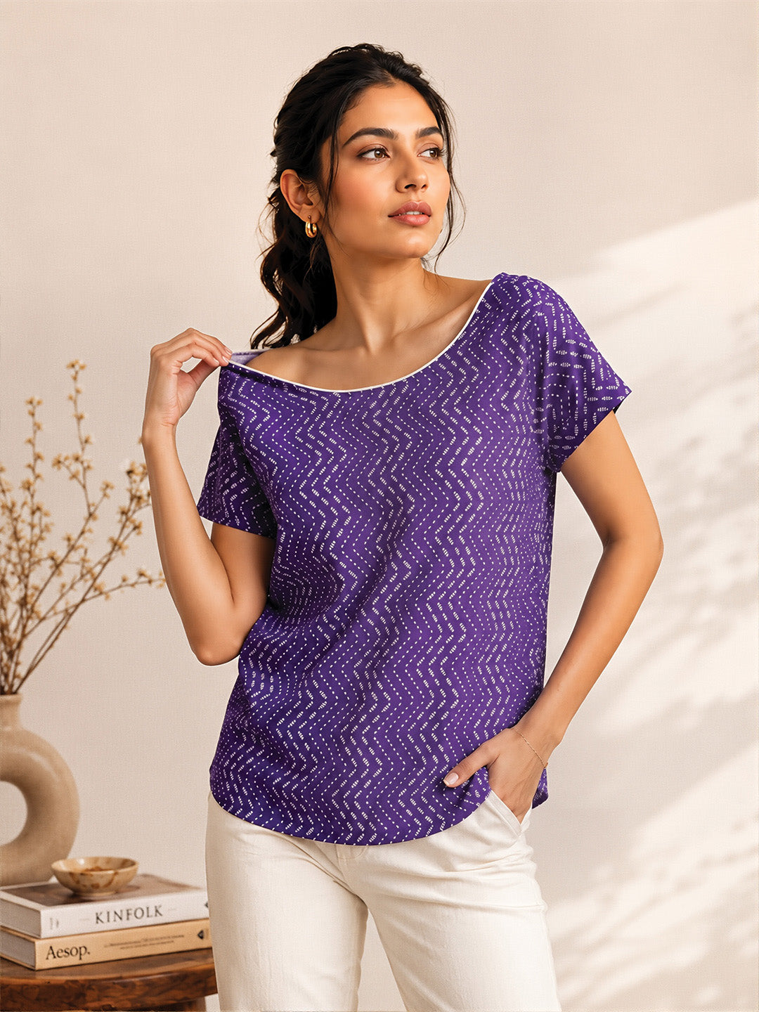 Purple Chevron Print Short Kurta